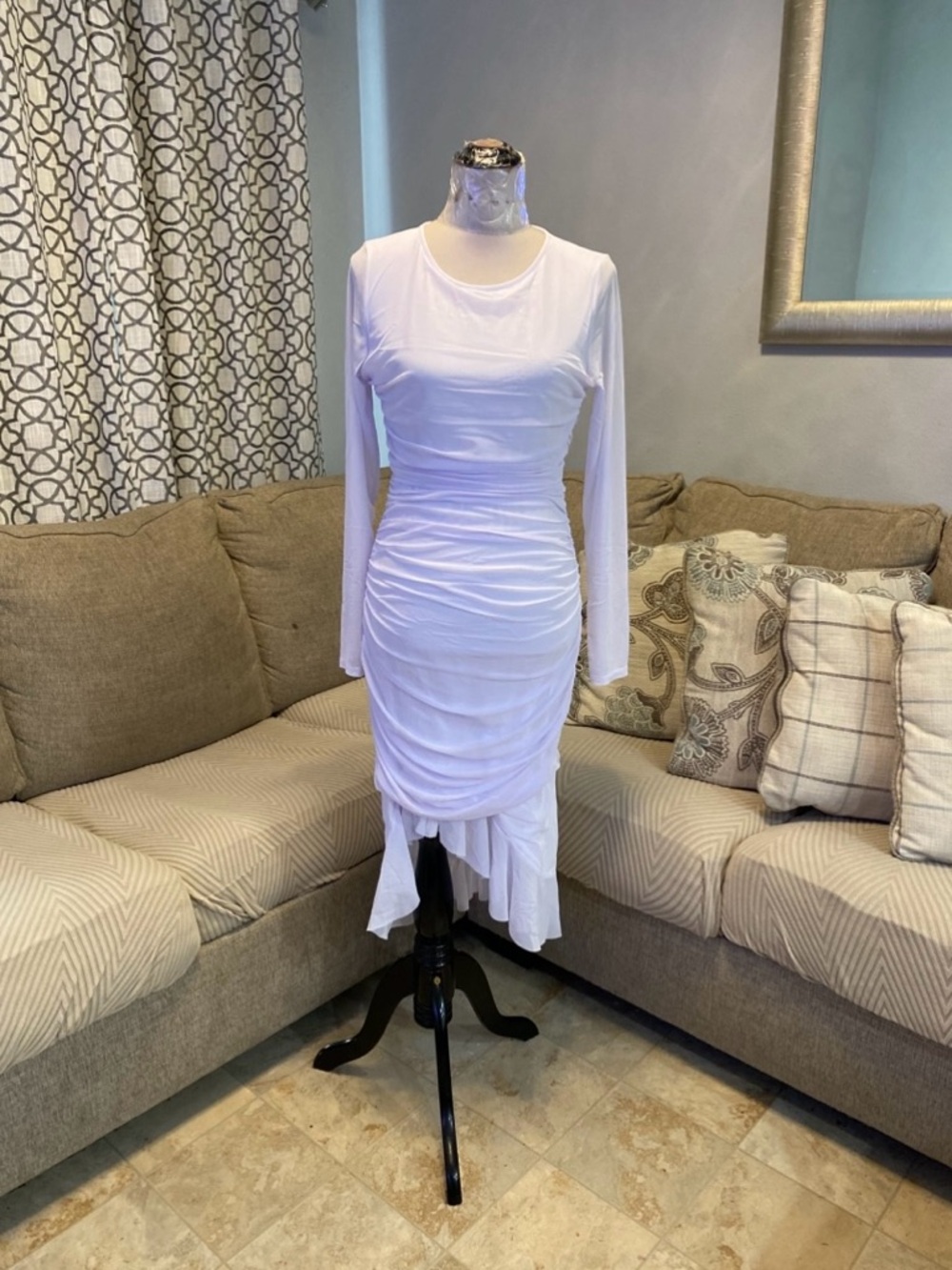 New Women XL Round Neck Long Sleeve Ruffle Hem Midi Dress Mesh Ruched Bodycon